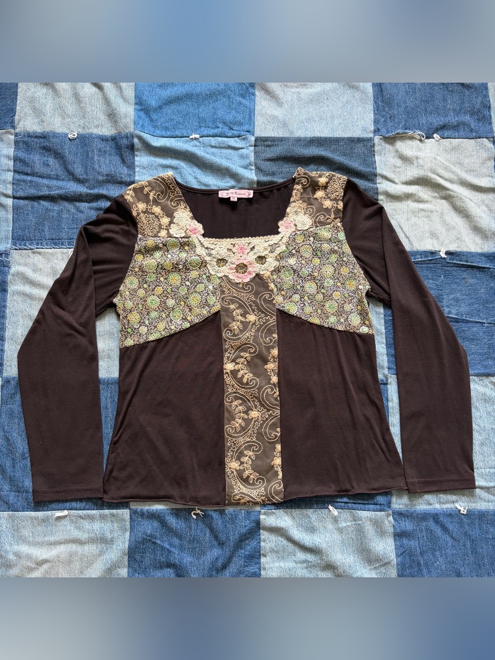 vtg y2k young essence brown long sleeve shirt lace sequins fairy earthy mesh XL
